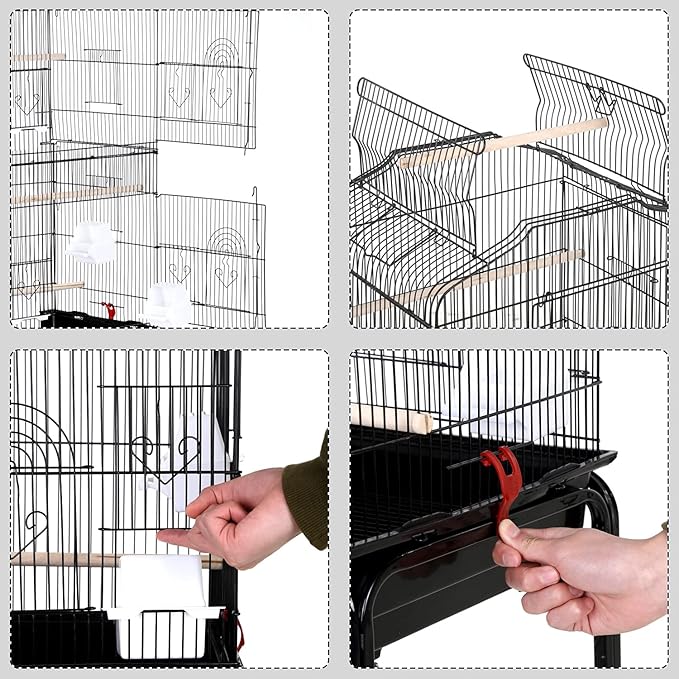 HCY Bird Cage Parakeet 64 inch Open Top Standing Parrot Accessories with Rolling Stand for Medium Small Cockatiel Canary Conure Finches Budgie Lovebirds Pet Storage Shelf, Black, 64x13x17 (Pack of 1)