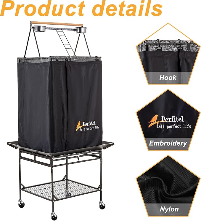 Bird Cage Cover(Black) Good Night Birdcage Cover Black-Out Birdcage Cover Durable Breathable Washable Material… (61 inch)