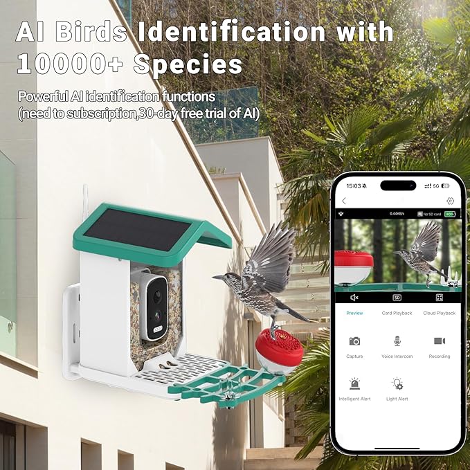 Smart Bird Feeder with Camera Solar Powered, 2.5K HD AI Identify Species, Smart Bird House with Cam, Auto Capture Animal Videos, Instant Notifications, Gift for Animal Lovers and Mom Dad (Green)