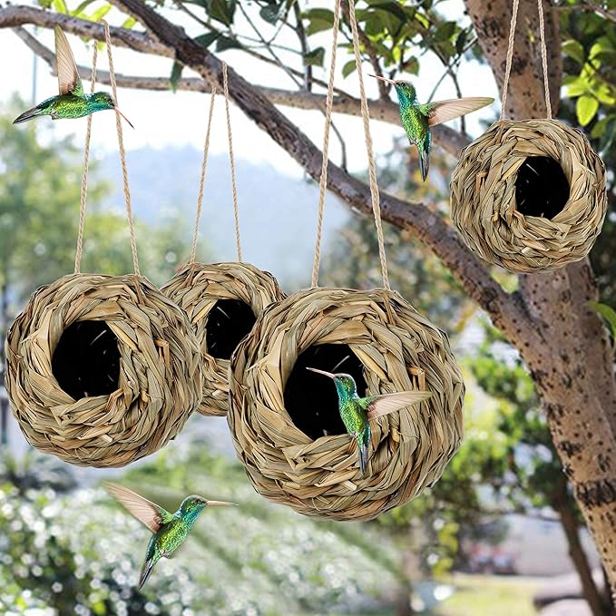 winemana 4 Pack Hanging Bird Nest House for Outside, Ball Shape, Hand Woven, Durable Sturdy, Made of Natural Grass, Perfect for Garden Patio Lawn Office Indoor