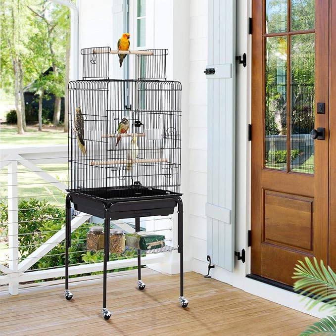Topeakmart Play Open Top Standing Bird Cage with Removable Stand Wheels Black