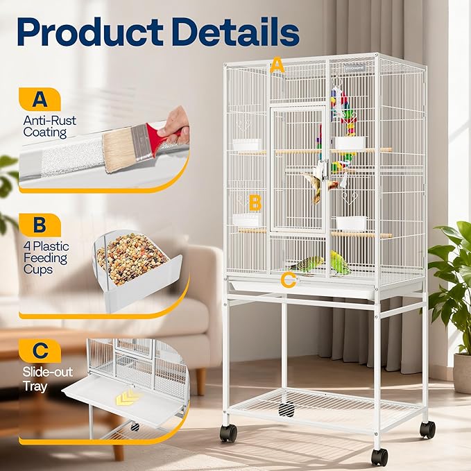 VIVOHOME 54 Inch Wrought Iron Large Bird Flight Cage with Rolling Stand for Parakeets Canaries Cockatiels Lovebirds Conures, White