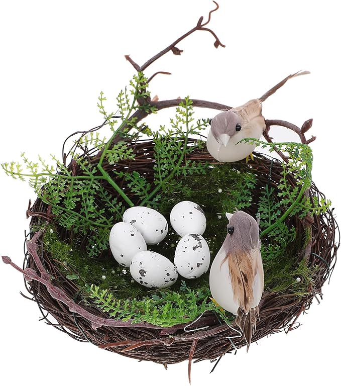 NUOBESTY 1 Set Artificial Bird Nest with 5 Simulation Eggs, Decorative Rattan Nest Ornament for Garden Patio Balcony Home Crafting