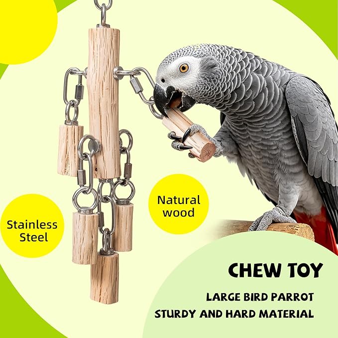 Natural Hardwood Parrot Chew Toy for Large Birds, Heavy Duty Wooden Bird Toy with Stainless Steel Hardware, Cage Hanging Enrichment Toy for Macaws, Cockatoos, African Greys