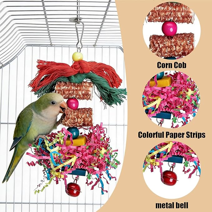 6-in-1 Bird Toy, 2 Natural Wood Stands, 1 Hanging Foraging Shredder Toys with Colorful Paper, 2 Soft Sola Balls for Chewing | Cage Accessories for Parakeets, Cockatiels, Lovebird(PET-ONLY USE)