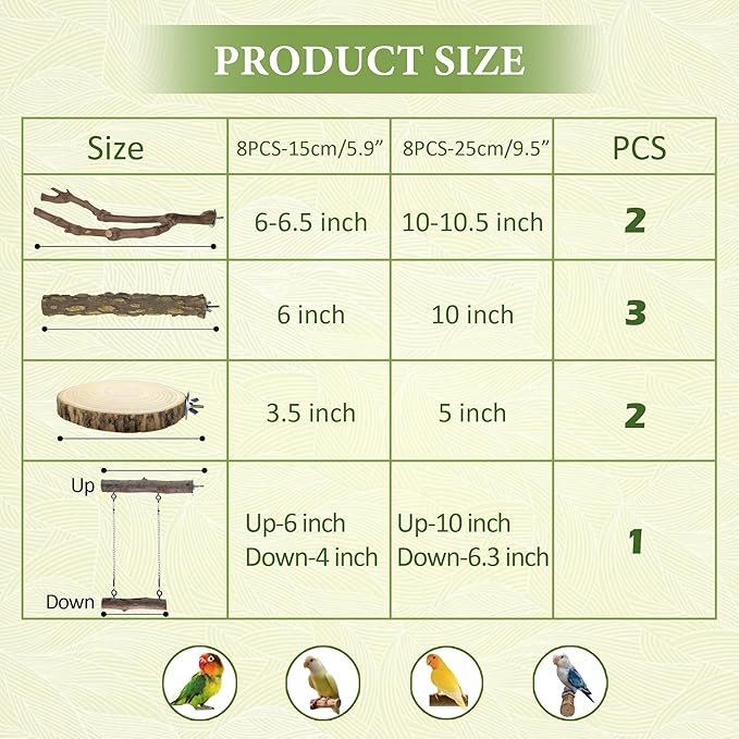8pcs Natural Bird Perches for Cage, 5.9“ Small Wood Bird Perch for Parakeet/Cockatiel, Bird Cage Stick, Bird Branches for Cages, Birdcage Accessories for Parrot Conure