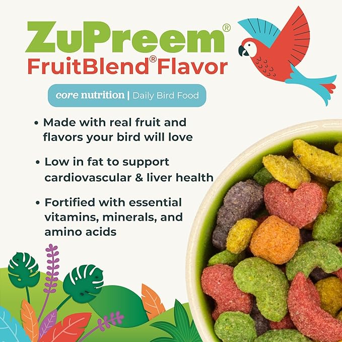 ZuPreem FruitBlend Flavor Pellets Bird Food for Parrots and Conures, 35 lb - Daily Blend Made in USA for Caiques, African Greys, Senegals, Amazons, Eclectus, Small Cockatoos