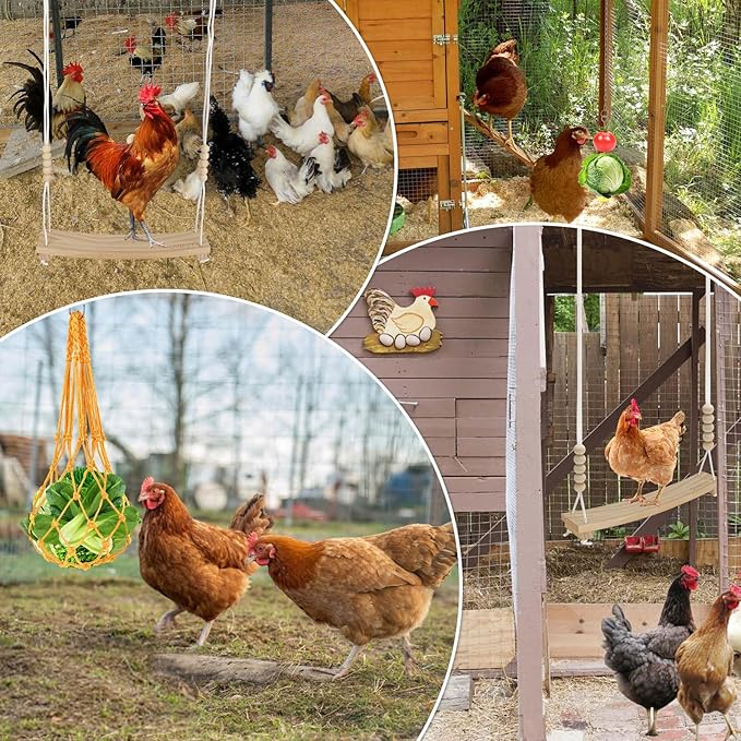 3PCS Chicken Toys for Coop Accessories,Chicken Swing, Vegetable Hanging Feeder,Chicken Veggies Skewer,Chicken Starter Kit for Chicken Coop,Run,Playground Must Haves