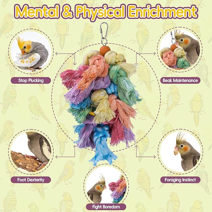 Bird Preening Toy - Natural Cotton Rope & Wood Blocks to Support Feather Health, Safe Screw-Link Enrichment Hanging Toy for Cockatiels, Conures, Parakeets,Lovebirds