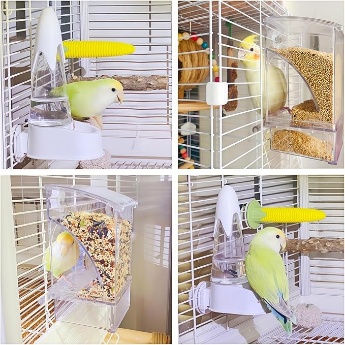 Automatic No Mess Bird Feeder and Water Dispenser Set, Acrylic Food Container and Drinker Bowl for Parrot Cage, Easy Clean Accessories for Parakeets Cockatiels Lovebirds and Other Small Pets