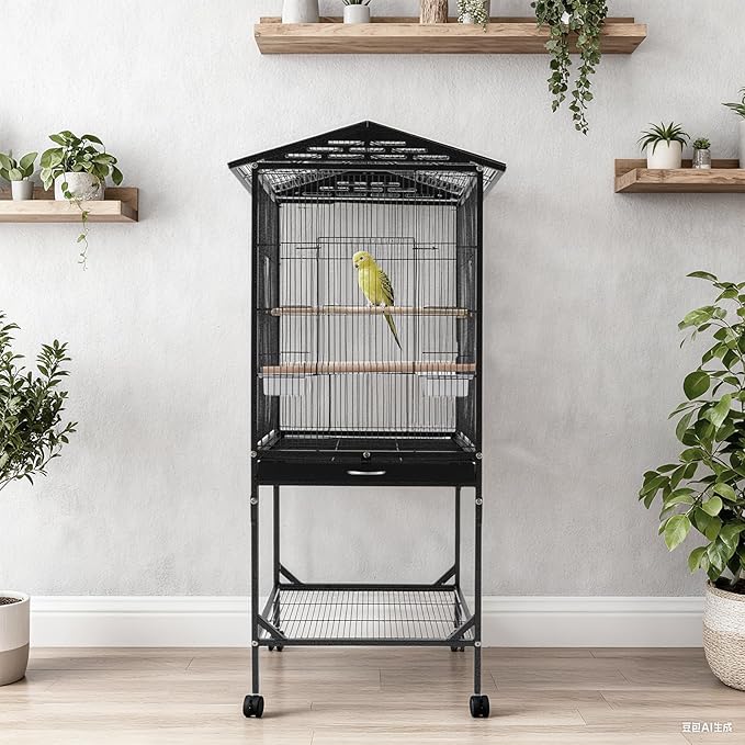 Extra Large Bird Cage 54Inch Wrought Iron Bird Cage with Rolling Stand Metal Parrot Cage with Open Play Top Perch Stand for Conures Lovebirds Cockatiels Finches (Black)
