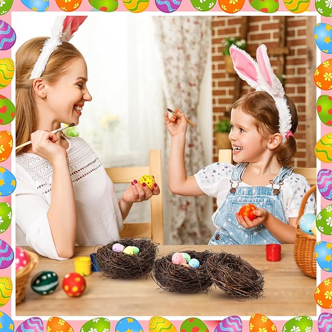 Simgoing 12 Pcs Birds Nests with 100 Pcs Easter Eggs, Mini Artificial Bird Nest for Crafts, Easter, Party, Wedding, Faux Rattan Nest Decorating(3.2 Inch)