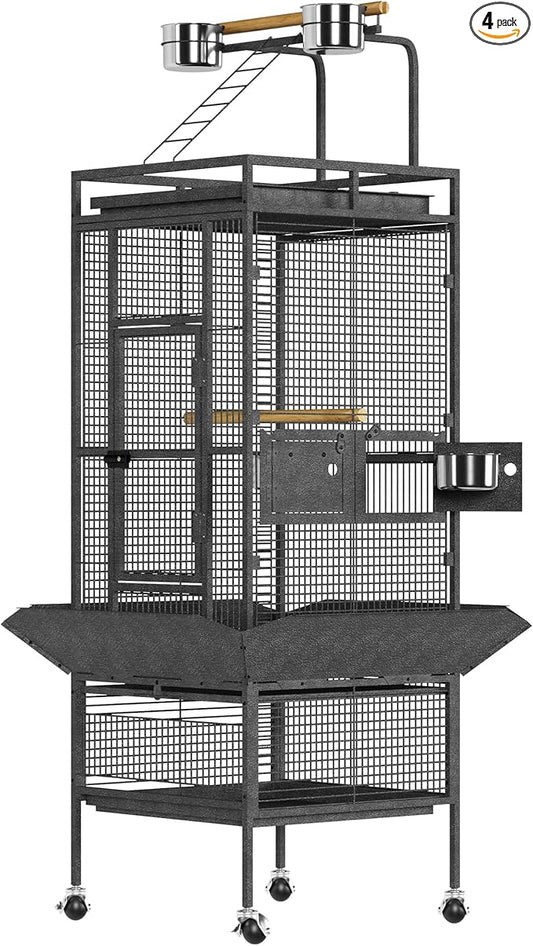 GarveeHome 61 in Large Bird Cage, Metal Finch Cage with Play Top, Rolling Stands, Feed Bowls, Wide Tall Parrot Cage for Parakeets, Conures, Cockatiel, Cockatoo, Black