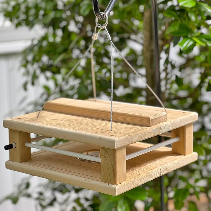 DutchCrafters Cedar Wood Covered Hanging Bluebird Feeder for Mealworms with Food Cup, Enclosed Wooden Dried Mealworm Feeder for Bluebirds for Outdoors