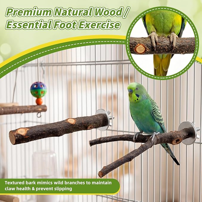 8 PCS Bird Toys & Perches Set - Natural Apple Wood & Hardwood Branches, Birch Ladder Swing, Foraging Shredding Chewing Toys for Parakeets, Cockatiels, Small Medium Bird Cage Accessories