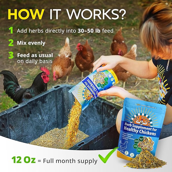 Buff Clucks Herb Supplement for Backyard Chickens - Natural Chicken Treats, Poultry Feed Botanical Mix, Plant-Based Coop Snacks for Daily Wellness, Feather Quality, Egg Production, USA (12 oz)
