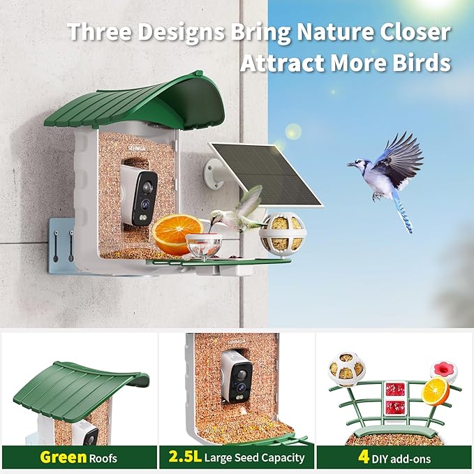 Bird Feeder with Camera, HD Birdwatching Camera with 1 Year Trial AI Identify, 4 DIY Add-ons, Smart Birds Cam with Solar Panel for Outdoor, Auto Record Videos, Gift for Bird Lover