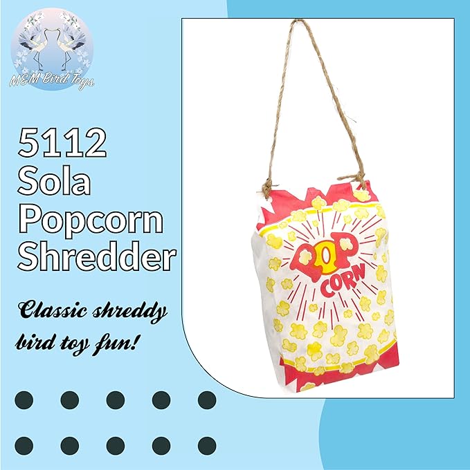 5112 Sola Popcorn Shredder - Handmade Super shreddable Bird Toy, Food Grade Popcorn Bag, Handcut sola Wood Pieces, Natural Jute Twine Hanger, Delightfully Fun for Birds to Shred and chew