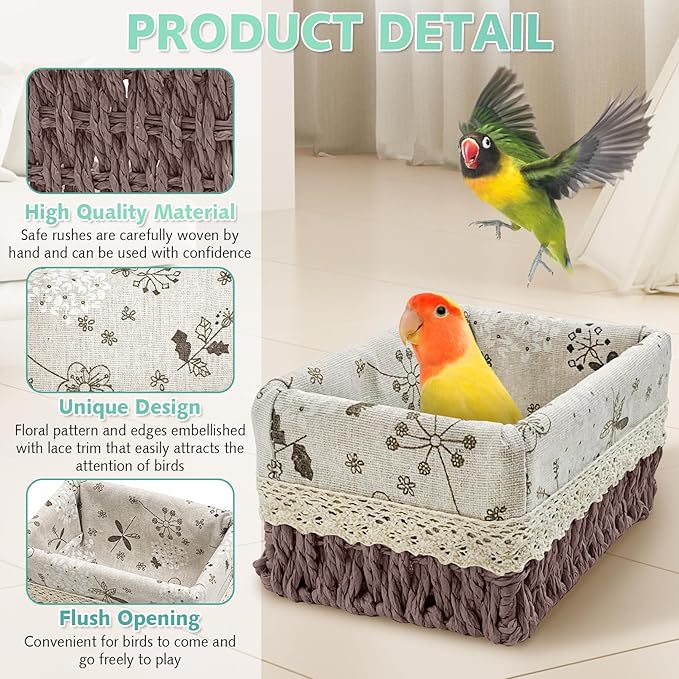 kathson Bird Nest Parrot House Birds Sleeping Bed Straw Weave All Season Hanging Hammock Bird Bed Snuggle Hut Birdcage Accessories for Parakeets Budgies Cockatiels Conures Quaker Parrot (Grey)