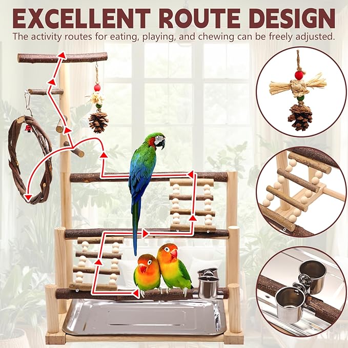 Bird Playground, Natural Wooden Parrot Stand Suitable for Small and Medium Birds, with Feeding Cups, Swing, Chew Toys,Bird Perch Ideal for Parakeets, Budgerigars,Canaries,Conures