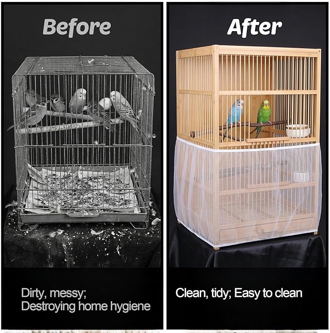 2Pcs Bird Cage Seed Catcher, Adjustable Bird Cage Skirt Cover, White Stretchy Birds Cages Netting for Round Square Parrot Parakeet Macaw African Cages