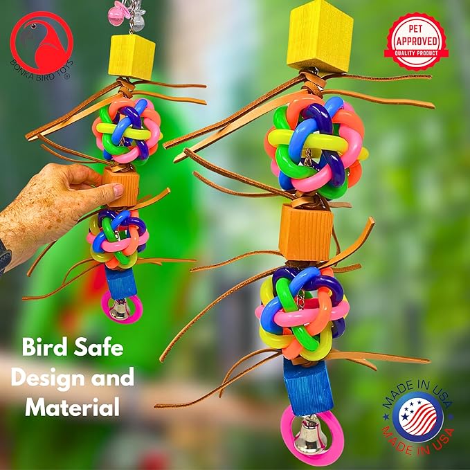Bonka Bird Toys 1949 Queen Wibbly 16" Tall Multi-Texture Foraging Toy with Wibbly Balls Acrylic Leather Wood for Large Parrots Macaws Cockatoos Amazons