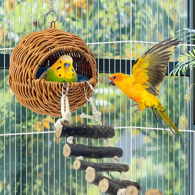 VCEPJH Rattan Bird Nest Hut with Ladder Hanging Bird House for Cage Parakeet Breeding Nest Paly Ground Hideaway for Budgies Conure Finch Cockatiel Parrot Lovebird