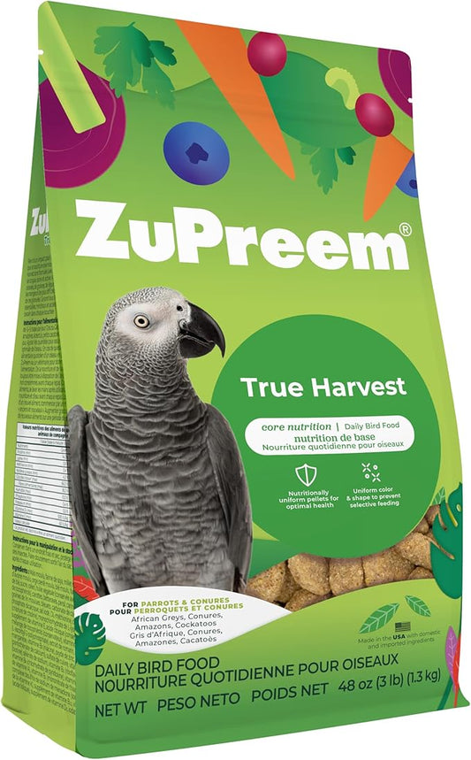 ZuPreem True Harvest Bird Pellets, Daily Bird Food for Parrot, Conure, Caique, African Grey, Eclectus, Small Cockatoo, Core Nutrition for Medium Large Birds, Added Vitamins, Parrot Food (ML, 3 lbs)