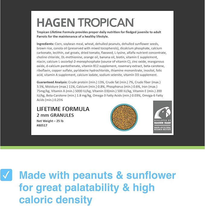 Hari Tropican Bird Food, Hagen Parrot Food with Peanuts & Sunflower Seeds, Cockatiels Granules, Lifetime Formula, 2mm, 25 lb Bag