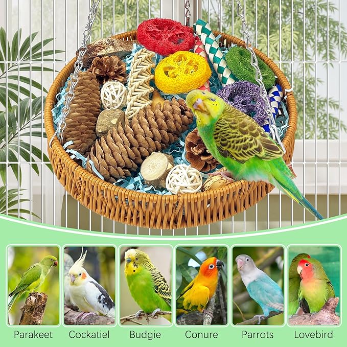 BNOSDM Rattan Bird Foraging Box 22Pcs Natural Parrot Shredding Toys Boxes Colorful Bird Chewing Toy for Cockatiel Budgie Parakeet Conure Lovebird African Grey