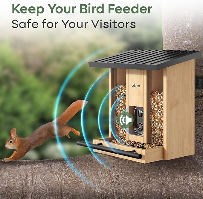 Adomii Bird Feeder with Camera, 2.4L Solar Powered Birdfeeder with AI Bird Identification & Alerts, Squirrel-Proof & Weatherproof, Adomii Window Bird Feeder with Double Bin, 1080p HD Live Camera