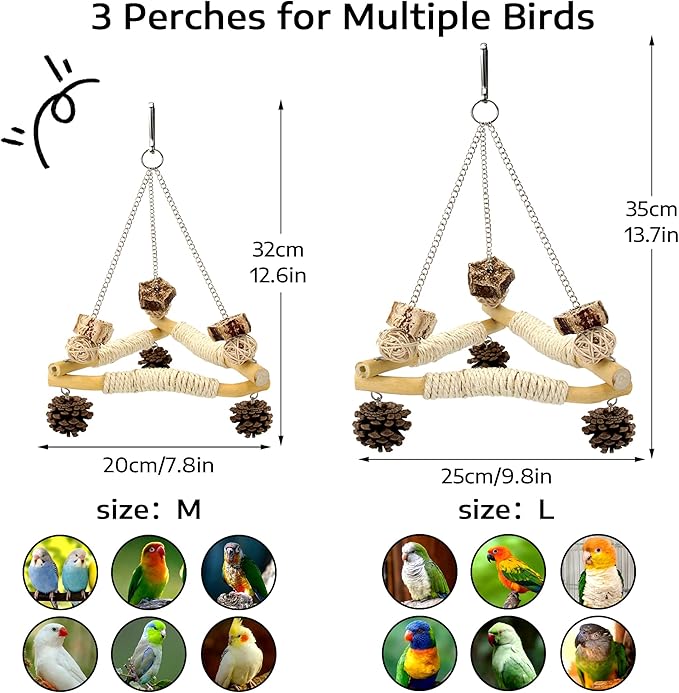 Large Bird Swing for Cage with Chew Toys, 3 Sisal-Wrapped Bird Perches & Stable Triangle Design, Wooden Hanging Quaker Toy Swing for Medium-Sized Bird Cockatiel Ring-Necked Caique Balance Training (L)