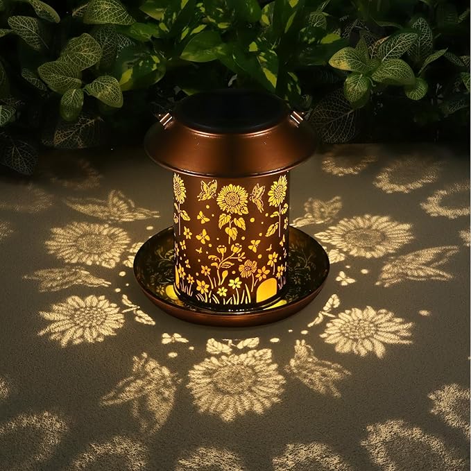 Solar Bird Feeder for Outdoors Hanging,Solar Lanterns Outdoor Waterproof Hanging Garden Decor,Metal Wild Bird Feeders Decoration Outside Birthday Gifts for Women and Mom(Sunflower)…