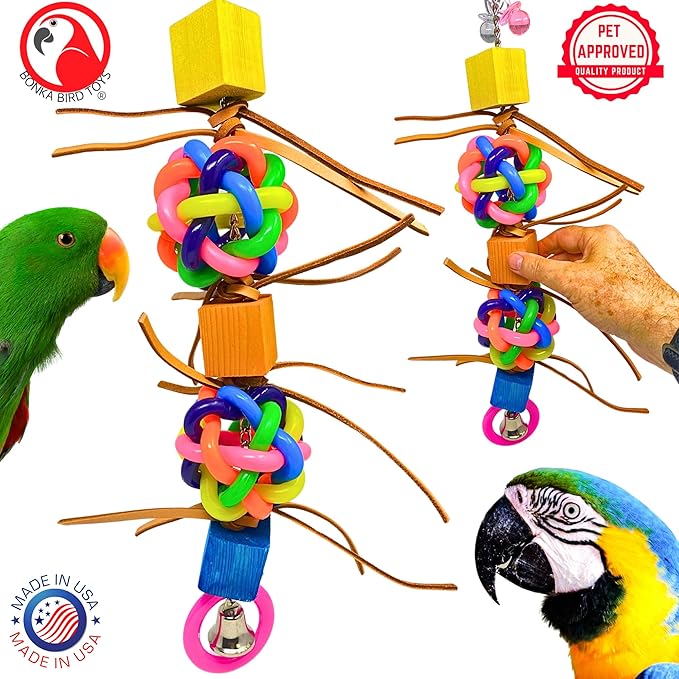Bonka Bird Toys 1949 Queen Wibbly 16" Tall Multi-Texture Foraging Toy with Wibbly Balls Acrylic Leather Wood for Large Parrots Macaws Cockatoos Amazons