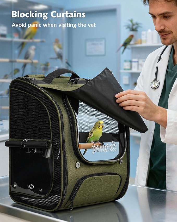 Pecute Bird Backpack Carrier for Small Birds,Cockatiel,Parrot,Bird Carrier with Standing Perch,Comfy Mat&Transparent Window, Breathable Bird Backpack for Vet Visit,Shopping and Outdoor Adventure,Green