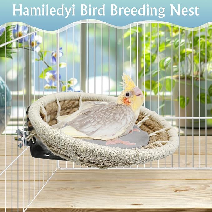 Hamiledyi Bird Breeding Nest, Handmade Hemp Rope Bird Cage House, Bed with Natural Coconut Fiber Parakeet Nest Hatch House for Cockatiel Canary Lovebird Finch and Other Small Birds