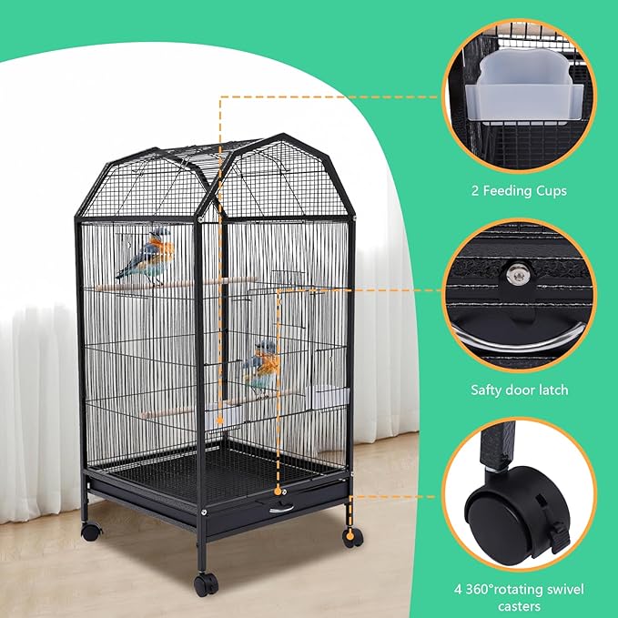 40 Inch Wrought Iron Bird Cage with Rolling Stand Metal 360 Degree View Spacious Interactive Roof Durable and Rustproof for Parrots Finches Lovebirds Budgie Canaries Macaw
