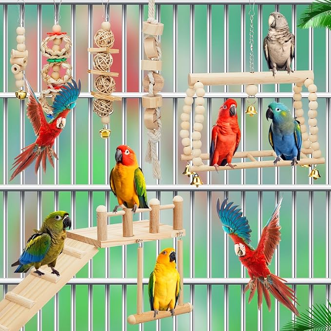 10 Pcs Parrot Swing Toys and Bird Perches Platform with Climbing Ladder Chewing Standing Hanging Parakeet Toys Bird Cage Accessories for Budgerigar Conure Cockatiel Finches Lovebirds