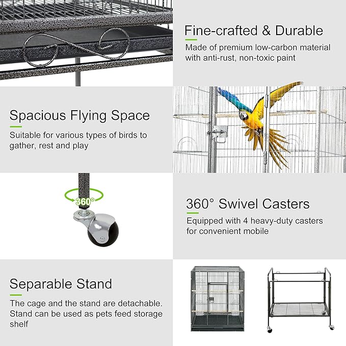 53-Inch Standing Wrought Iron Birdcage Large Parrot Flight Bird Cage with Rolling Stand Birdcages for Cockatiels African Grey Quaker Lovebird Canary Budgie Finch