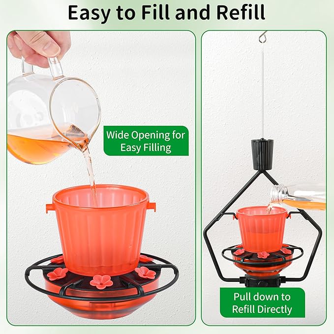 WROSWT Retractable Hummingbird Feeder, 19oz Top-Fill Wide Mouth with Height Adjustment, UV-Resistant ASA Plastic, 100% Leak-Proof Base& Dishwasher Safe Feeders for Outdoor Hanging, Black