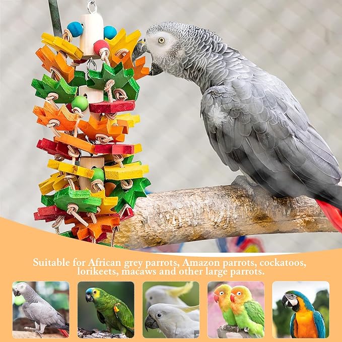 MQ Parrot Chewing Toy for Large and Small Parrots and Birds, Natural Wood Block Tearing Toy with Multicolored Maple Leaf Design, Beak Trimming Toy for African Grey Cockatoos and Amazon Parrots.