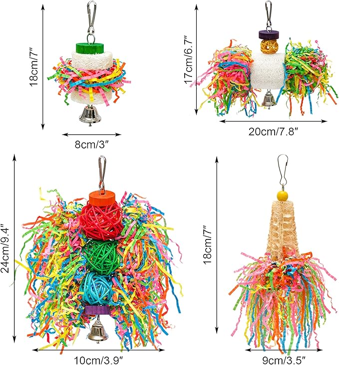 4PCS Bird Parrot Foraging Toys Parakeet Chewing Hanging Toy Shredder Paper Cage Accessories for Small Parrots Parakeets Conures Cockatiels Love Birds Cage Toy (4Pack)