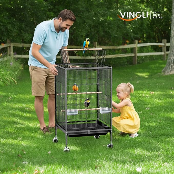 VINGLI 38-inch Bird Cage with Wheels, Durable Wrought Iron Parakeet Cage with Slide Out Tray, Black Bird Cages for Parakeets/Lovebird/Cockatiels/Budgies and Other Small/Medium Birds (Medium-38 inch)