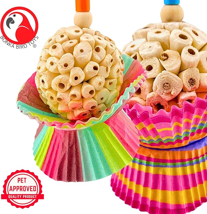 Bonka Bird Toys 1925 Cake Bird Toy – Sola Plant, Paper & Wood Chewing Shredding Foraging Toy for Extra Small to Small Birds – Cage Enrichment – 7" x 4.5" (Pack of 2)
