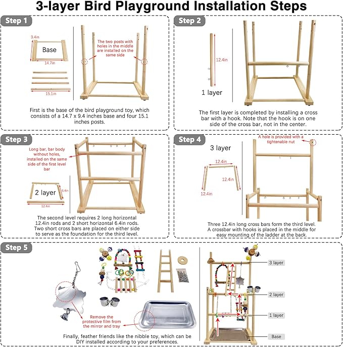 Hamiledyi Natural Wood Bird Playground - Large 3-Tier Perch Stand with Exercise Platforms Durable Activity Gym for Parrots, Cockatiels and Small Birds Bird Stand with Ladders and Swings