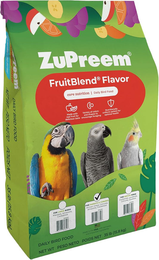 ZuPreem FruitBlend Flavor Pellets Bird Food for Parrots and Conures, 35 lb - Daily Blend Made in USA for Caiques, African Greys, Senegals, Amazons, Eclectus, Small Cockatoos