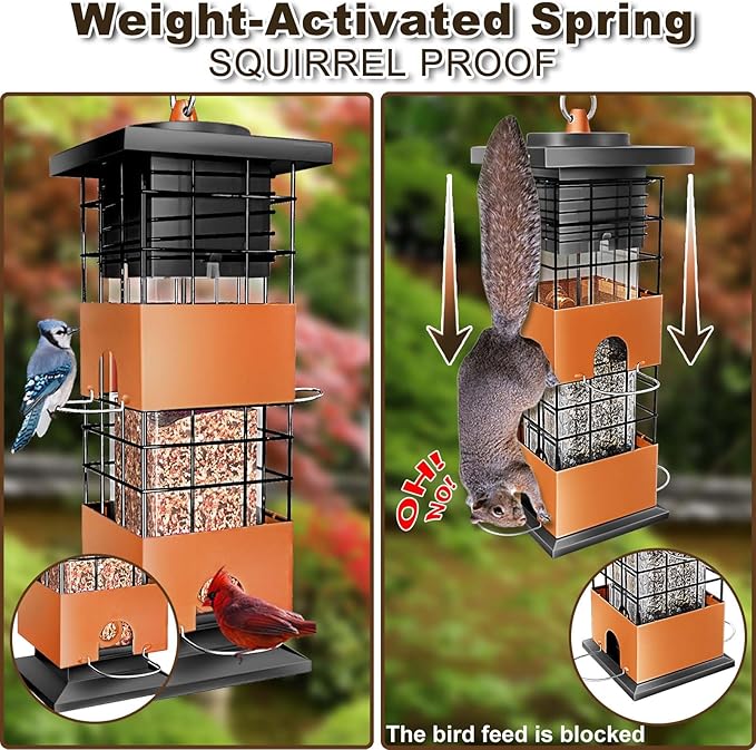 Squirrel Proof Bird Feeder, 3Lbs Metal Anti-Squirrel Bird Feeders for Outdoors, Weight-Activated Perches Hanging Wild Birdfeeder for Blue Jay, Cardinal (Brown)