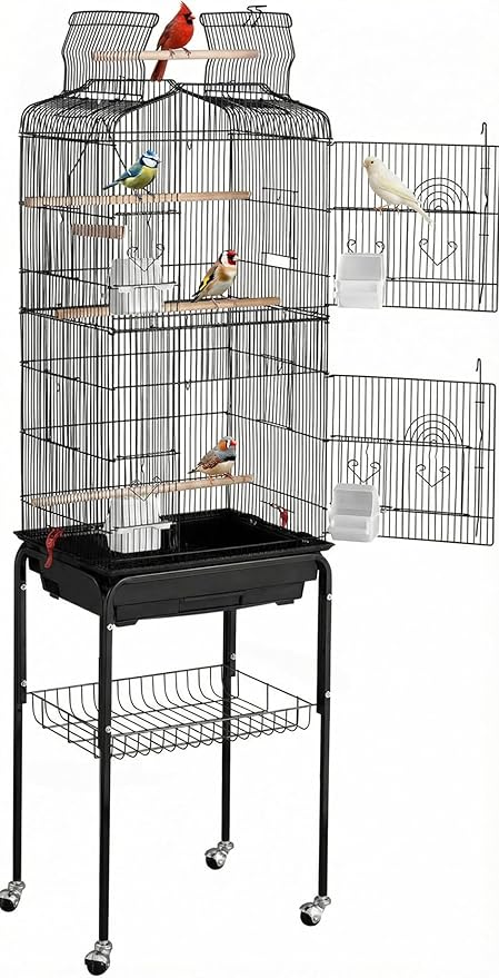 Garvee 64Inch Open Top Bird Cage Rolling Parrot Cage with Detachable Shelf Stand Bird Cage with 4 Feeding Bowls/Side-Out Tray for Cockatiel Cockatoo Parakeet Macaw Finches, Black