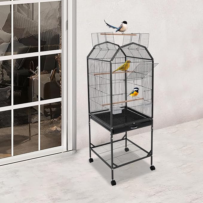 Large Bird Cage, Movable Pet Bird Flight Cages with Wheels Openable Roof Slide-Out Tray, Panorama Bird Aviary 18.11 * 18.11 * 53.54in for Parrots Sparrows Budgerigars(Black Style2)