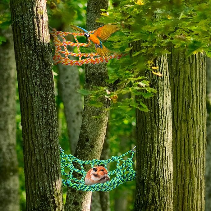 2 Pieces Rat Cage Accessories Rat Toys Climbing Bird Rope Net Pet Hanging Hammock for Hamster, Mice, Parrot, Bird, Sugar Glider Habitat Decor and Play(11 x 7.8 Inch,Multi Color)